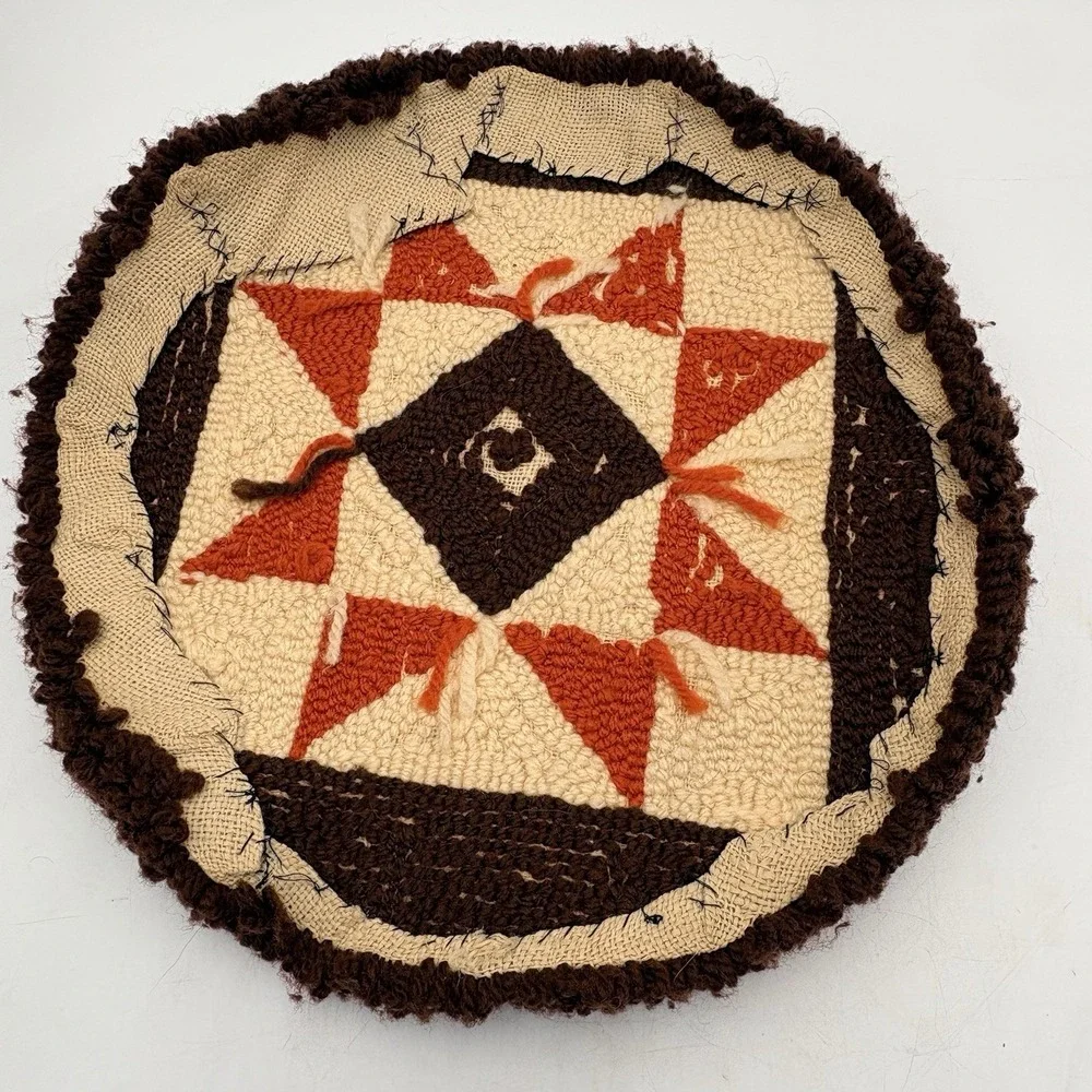 Vintage 70s Latch Hook Round Chair Pad Rug Brown‎ Orange Retro 16